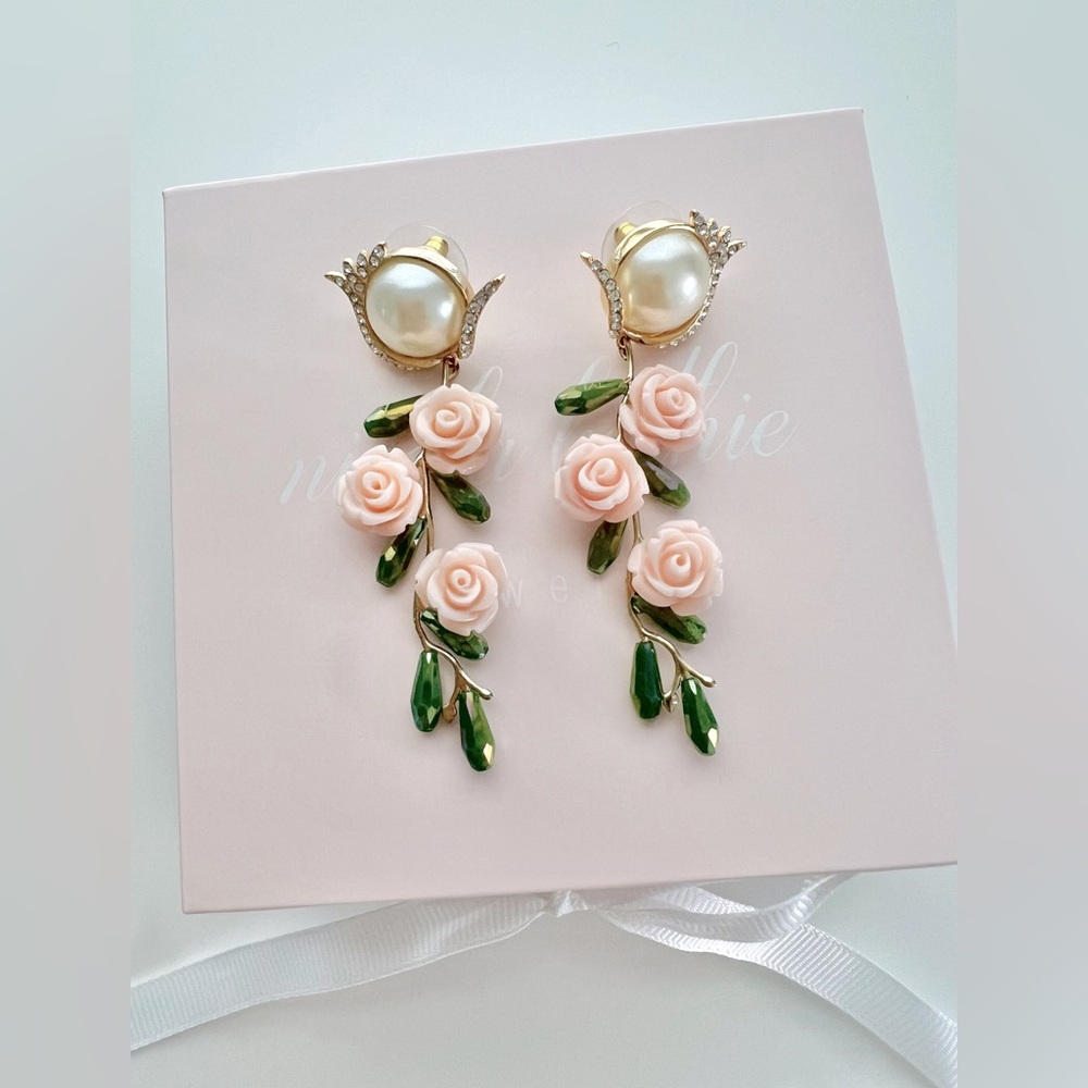 Nicola Bathie Embellished Pearly Pink Floral Drop Earrings - Picture 3 of 6